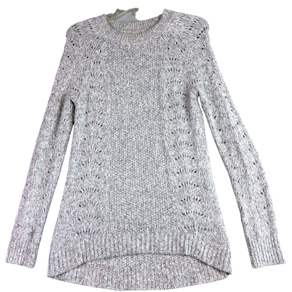 LOFT Women's Gray Knit Sweater Size XS Long Sleeve Crew Neck Lace Detail Cottage